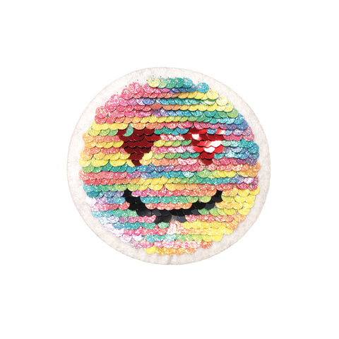PC3362B - Reversible Double White Sequin Heart Eyes Smiley Face (Iron On)