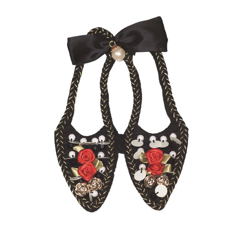 PC2327 - Fancy detailed flower decorated Black shoes with ribbon (Sew on)