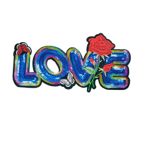 PC2566 - Sequin Rainbow Colourful Love Text Flower L (Iron On)