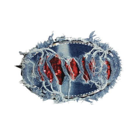 PC2936 -  Denim Oval Red Blue Ripped (Sew On)