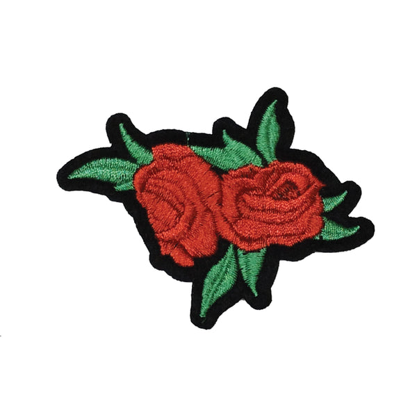 PC2987 - Red Double Rose Flower with green leaves (Iron On)