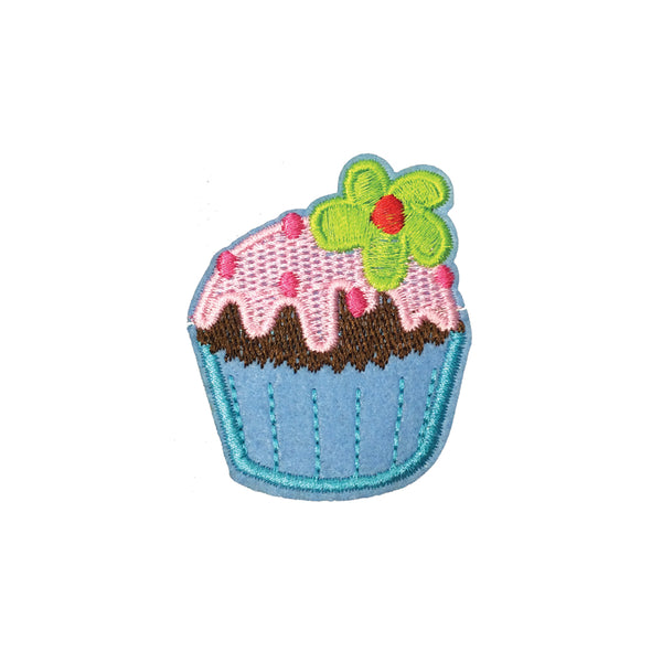 PC3705B - Blue Cupcake Pink Icing Flower On Top (Iron On)