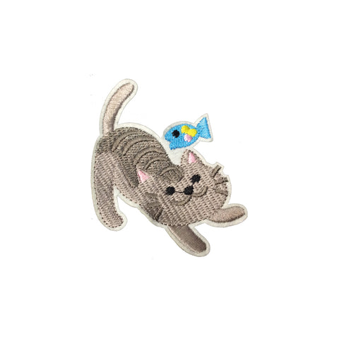 PC3713B - Grey Cat And Fish (Iron On)