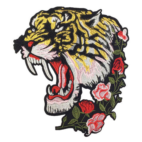 PC4153 - Roaring Tiger Head In Pink Flowers (Sew On)