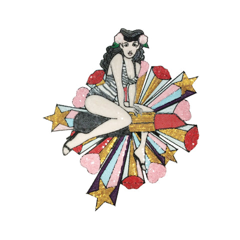 PC3433 - Sequin Pin Up Girl Flying Rocket L (Iron On)