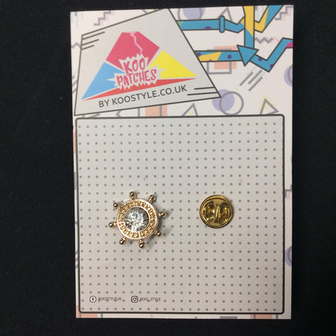 MP0239 - Gold Crystal Crown Steering Wheel Boat Ship Metal Pin Badge