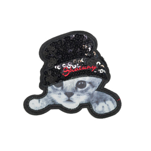 PT1399 - Cat w Black Hat Sequin (Iron on)